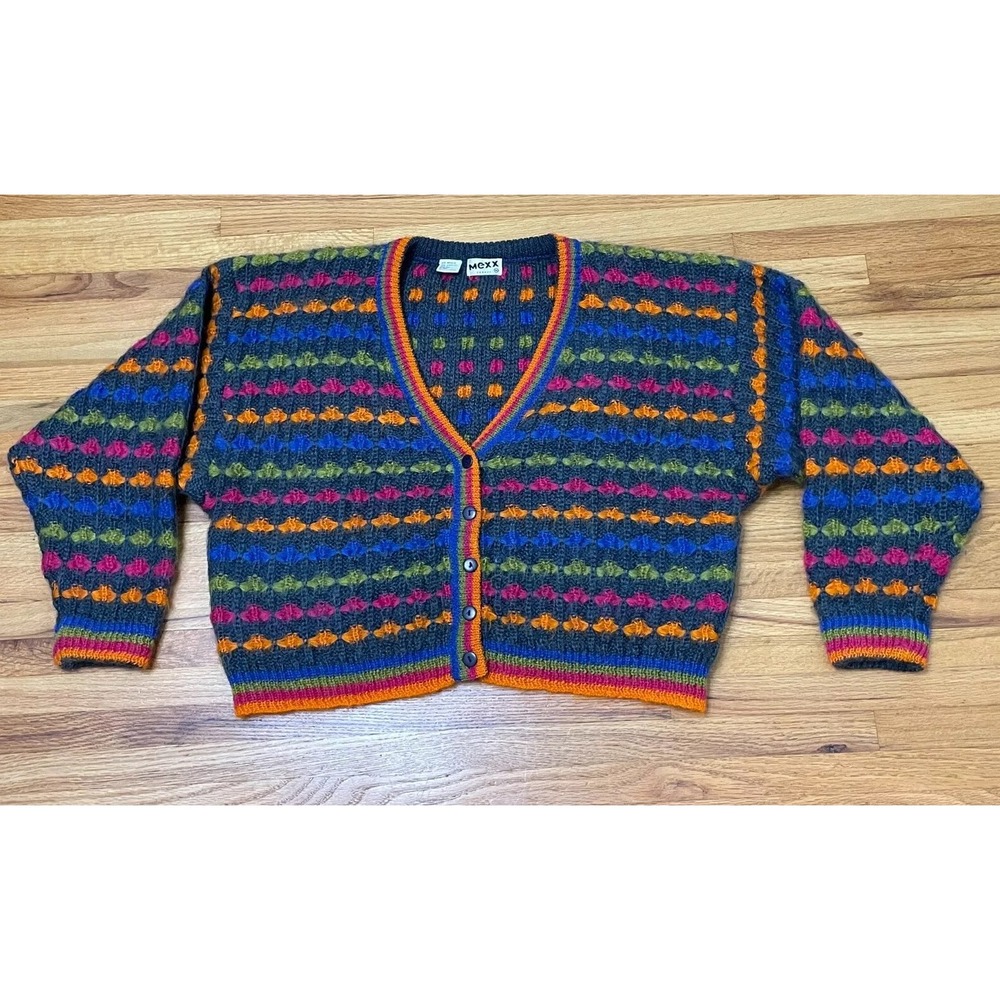 Mexx‎ Cardigan Sweater Women's M Blue Geometric Fuzzy  Button Mohair Striped
